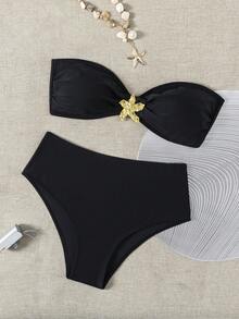 wohenmeili 两件套金属装饰比基尼上衣和下装，带星星装饰，适合海滩/度假，黑色夏季款 - 黑色 - 查看 3