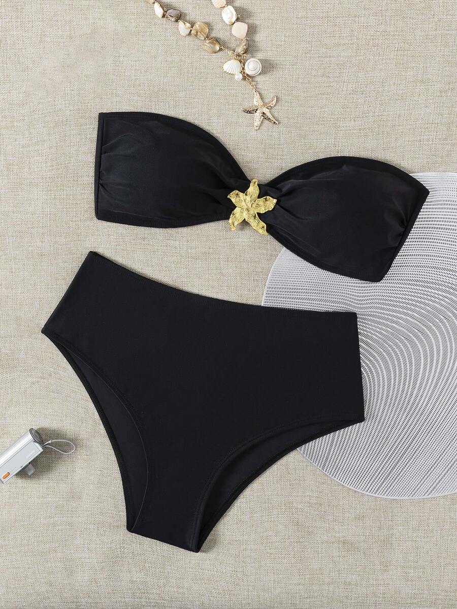 wohenmeili Bộ 2 món gồm áo và quần bikini trang trí kim loại, có họa tiết ngôi sao, thích hợp cho bãi biển/kỳ nghỉ hè. - màu đen - Xem 1