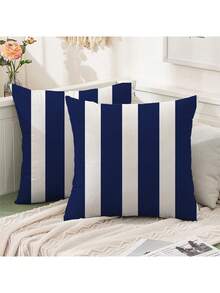 2pcs Navy Blue & White Striped Outdoor Throw Pillow Covers - Modern Minimalist Design, Suitable For Balcony, Garden, Patio, Tent, Rocking Chair, Deep Seat Sofa - Machine Washable Polyester Fabric, Zippered Closure, Ideal For Patio And Outdoor Space, Garden Decor | Striped Pillow Covers | Machine Washable, Outdoor Patio Decor - Blue - View 2