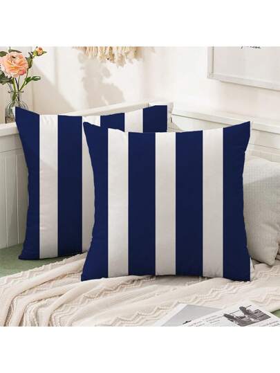2 fundas de cojín a rayas azul marino y blanco para exteriores - Diseño moderno y sencillo para balcón, jardín, terraza, tienda de campaña, mecedora, sofá de asiento profundo - Poliéster lavable a máquina, cierre de cremallera, perfecto para patio y espacios al aire libre, decoración de jardín|Funda de cojín a rayas|Funda lavable a máquina, decoración de patio al aire libre