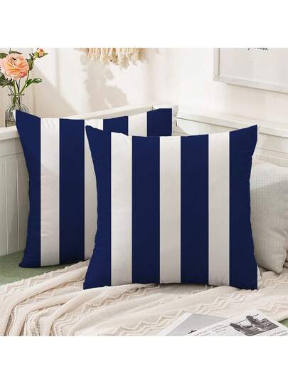 2 fundas de almohada a rayas azul marino y blanco para exteriores - Diseño minimalista moderno, adecuado para balcón, jardín, patio, tienda de campaña, mecedora, sofá de asiento profundo - Tela de poliéster lavable a máquina, cierre con cremallera, ideal para patio y espacio exterior, decoración de jardín | Fundas de almohada a rayas | Lavable a máquina, decoración de patio exterior