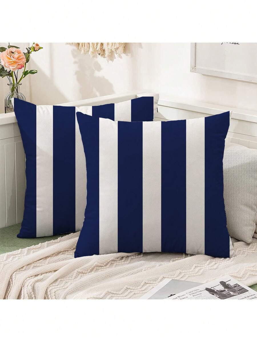 2pcs Navy Blue & White Striped Outdoor Throw Pillow Covers - Modern Minimalist Design, Suitable For Balcony, Garden, Patio, Tent, Rocking Chair, Deep Seat Sofa - Machine Washable Polyester Fabric, Zippered Closure, Ideal For Patio And Outdoor Space, Garden Decor | Striped Pillow Covers | Machine Washable, Outdoor Patio Decor
