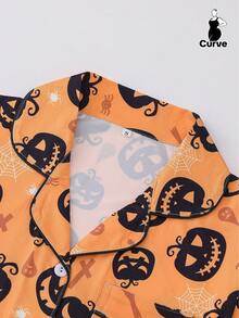 2 件亡灵节/万圣节骷髅印花加大码女式睡衣套装，短袖翻领纽扣上衣和松紧腰短裤，漂亮时尚的日常服装，节日睡衣派对服装，休闲家居和户外家居服