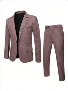 Men's Striped Business Casual Suit Set, Including Jacket And Pants - Burgundy - View 2