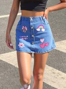 Girls Jeans Skirt With Playful Colorful Bow Accent, Versatile