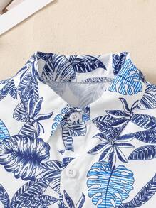 2pcs/Set Tween Boys' Hawaiian Vacation Tropical Leaves Print Short Sleeve Shirt And Shorts Set, Perfect For Summer Casual & Outdoor Wear