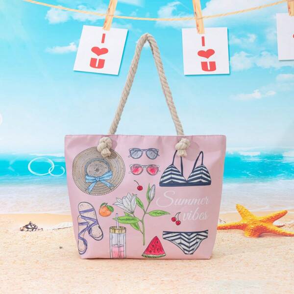 Nova Bolsa Saco Casual de Férias com Estampa de Slogan Floral