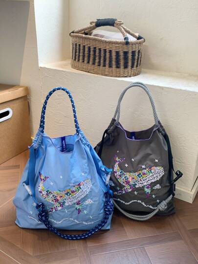 Boho-Stil Damen Umhängetasche mit besticktem Muster, Nylontasche mit großer Kapazität, leichte faltbare Aufbewahrungstasche, Pendlertasche, Modische Tasche, Reisetasche mit großer Kapazität, Große Handtaschen, Pendlertaschen, Damentaschen