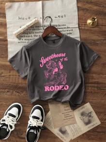 Camiseta casual de manga corta con cuello redondo y estampado rosa para niñas y adolescentes, top de verano
