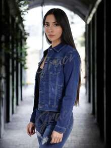 chamarra de mezclilla strech de mujer - Azul lavado oscuro - Ver 3