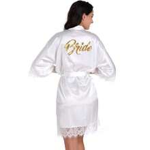 1 Pc Random Metallic Foil Bride Robe, Lace Trim Bridal Robe, Wedding Preparation Kimono Back To School - Multicolor - View 7