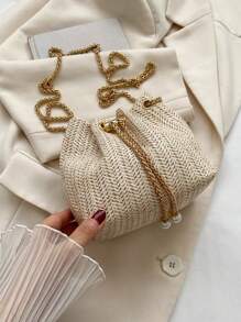 Mini Fashionable Straw Woven Golden Chain Drawstring Bucket Bag, Beach Bag, Vacation Bag For SummerSuitable For Shopping, Wallet, Shopping, Young Women, College Students, Newcomers, White-Collar Workers. Very Suitable For Office, College, Work, Business, Commuting, Outdoor Activities, Travel And Outings