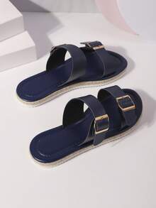 女士新款编织外底，轻便舒适，休闲度假人字拖 - 藏蓝色 - 查看 3