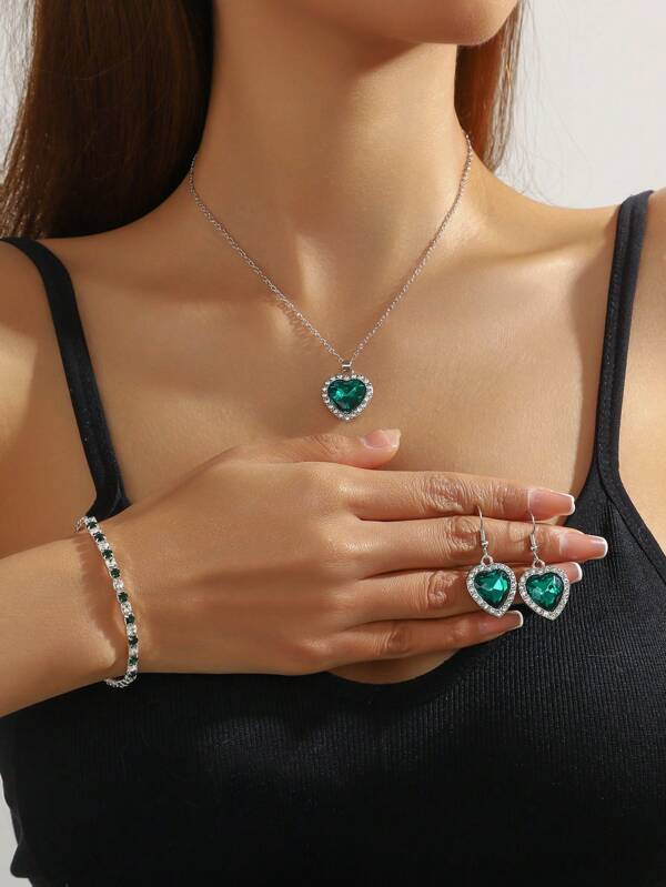 4pcs Heart-Shaped Necklace, Earrings, Bracelet Jewelry Set, Suitable For Wedding, Party, Banquet