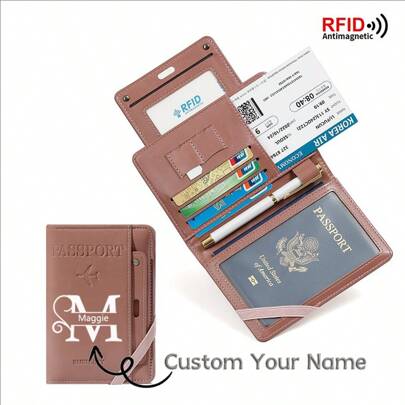 1 Peça Porta-passaporte personalizado com nome e iniciais personalizadas, acessórios de viagem minimalistas, armazenamento prático e anti-furto com slots multi-cartão, revestimento em couro sintético com fecho estampado, estampa de avião, suprimentos de férias, carteira de passaporte, acessórios de viagem para uso casual de negócios para mulheres e homens, essenciais de viagem para viagens e volta às aulas, presente perfeito para família, amigos e amantes