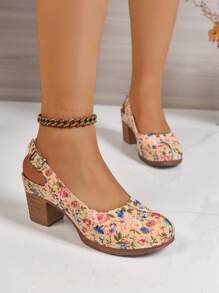 Women's Colorful Floral Print Round Toe Casual High Heel Pumps, Classic Slingback Design With Toe And Ankle Strap