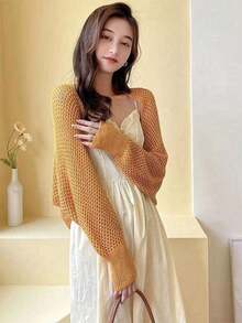 1pc Women's Spring/Summer Honeycomb Sleeve Cape Shawl With Knitted Collar & Hollow Out Detailing, Fashionable Outerwear Accessories Women For Dress - Multicolor - View 7