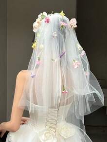1套精美DIY人造花和双层婚纱头纱套装（DIY操作简单），包含双层网状婚纱头纱配件带梳子，1包人造花和1包橡胶扣，简约柔软的雪纺婚礼新娘头纱 - 彩色 - 查看 8