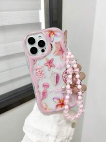 Cream Wavy Edge Gloss Oil Marine Element Starfish Turtle Shell Painted Anti-Drop Phone Case Protective Cover With Handmade Beaded Bracelet, Compatible With IPhone 16/11/16pro/16plus/16promax/16e/15Promax/13/14/12/XS/XR/7G/8P, Galaxy 11/12Pro/12/12X/13Pro/14Pro/15Pro/, Redmi 10/9/Note9/12c/Note11pro/Note8Pro