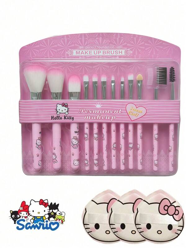Sanrio Sanrio 15 Piece Hello Kitty Ladies Makeup Brush Set, Professional Makeup Brush Set, - Pink Powder Blusher, Eyebrow Pencil, Lipstick, Eye Shadow, Brush And Powder Puff Set, Suitable For Beginners