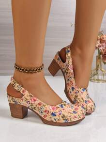 Women's Colorful Floral Print Round Toe Casual High Heel Pumps, Classic Slingback Design With Toe And Ankle Strap