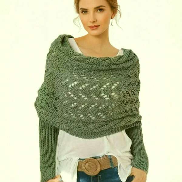 1 pieza Chal de punto con mangas para mujer, suéter de unicolor con diseño jacquard y calado a la moda, para primavera/otoño