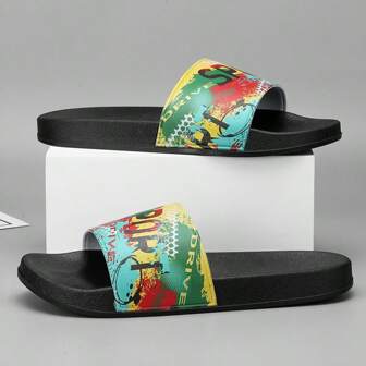 أحذية صندل صيفية رجالية مطبوع عليها طباعة الغرافيتي للاستخدام الداخلي والخارجي، غير قابلة للانزلاق ذات قاعدة ناعمة، مقاسات لأزواج [نمط عشوائي للغرافيتي]