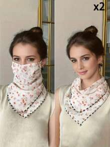 1PC 2025 Summer Sunscreen UV Flower Pattern Veil, Ice Silk Breathable Face Protection Triangle Silk Scarf Women's Ear Hanging Neck