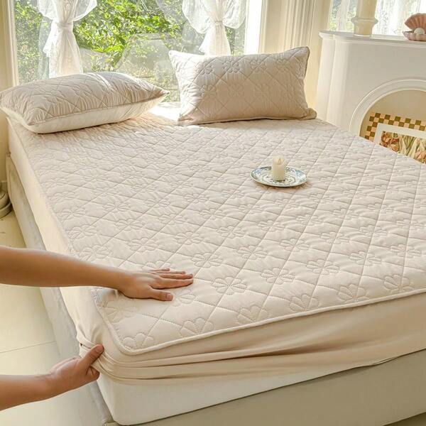 1pc Thickened Fitted Sheet, Quilted Embossed Bedding, Flower Pattern Mattress Protector, Soft & Comfortable Bedroom Bed Cover, Solid Color Mattress Cover, Deep Pocket, Fits Twin, Full, Queen, King Size Bed, Suitable For Spring, Summer, Autumn, Winter, Dust Protection Cover, No Pillow And Pillowcase Included, Machine Washable, Great Gift Idea For Independence Day, Easter, Mother's Day, Holidays
