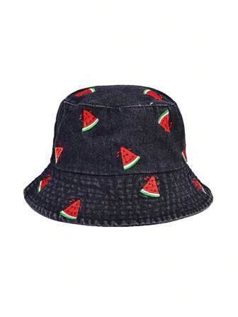 1 件男女通用西瓜图案牛仔渔夫帽，时尚百搭修饰脸型户外休闲太阳帽，春夏季