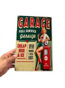 1pc Vintage Full Service Garage Metal Tin Sign, 8x12inch Retro Iron Wall Art With Pin-Up Style Woman & Gas Pump Design, Durable & Easy To Hang, Perfect For Home Bar, Cafe, Office Decor Or Gift, Metal Wall Art Decor, Perfect For Room Decor