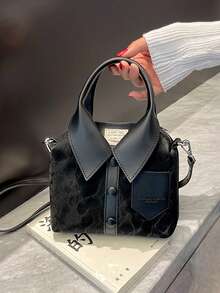 1个不对称PU皮革单肩斜挎包，时尚别致风格，独特简约方形手提包 - 黑色 - 查看 11