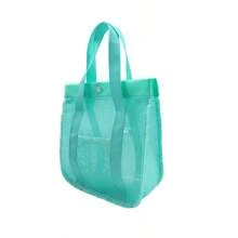 1 Stück Damen tragbare schnelltrocknende rosa Strandtasche, Design mit Buchstabenschnalle und Seitentasche, Aufbewahrung für Schwimmausrüstung, extragroße, multifunktionale, einfarbige Schulter-Mesh-Strandtasche für Spielsachen