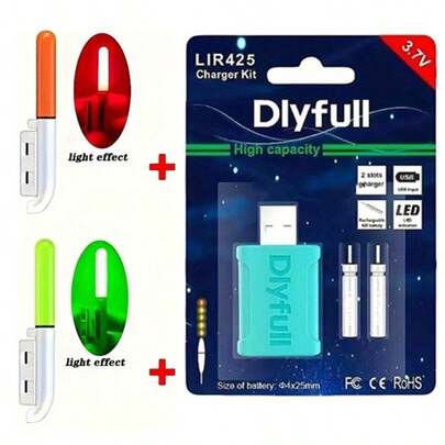 2PCS Floating And Dual Hole Chargers And 2 Rechargeable Battery Packs Fishing Electronic Fishing Rod USB Charger With Illuminated Float Light Rechargeable CR425 LIR425 3.6V Lithium Battery Night Fishing Gear