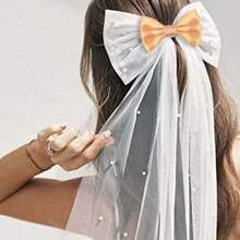 Custom Eternal Elegant Bridal Headpiece With Bow And Veil, Pearl Bow Hair Clip Tulle Veil Headband, Multiple Color Options, White Sheer Clip-On Wedding Accessories Suitable For Brides, Bridesmaids, Graduations And Bridal Parties