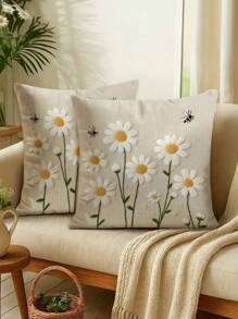 4pcs/2pcs Small Daisy Bee 2D Printed Pattern Pillow Cover, Living Room/Bedroom/Sofa Decoration Cushion Cover | 18x18 Inches | Zipper Closure | Soft And Comfortable Fabric - Durable And Fade Resistant, Machine Washable, Suitable For Outdoor Decoration, Home Decoration, Terrace Decoration, Room Decoration, Bedroom Decoration. Excluding Inner Core