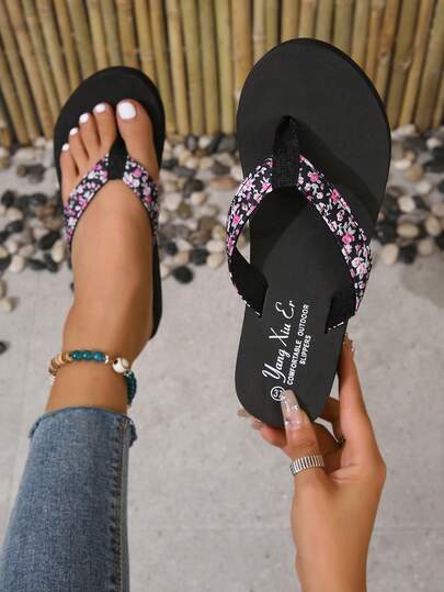 Women's Flat Sandals, Fashion Outdoor Casual Slippers, Black Thong Style, Vacation Vibe, Suitable For Beach, Hawaii Style, Student & Office Worker
