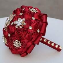 新娘婚礼奢华金叶蝴蝶珍珠花束，大型金钻缎带玫瑰婚礼花束，酒红色布艺永生花，布艺玫瑰人造花束情人节配饰 - 多款 - 查看 4