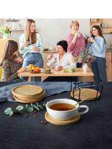 قاعدة معدنية لأكواب - أقراص خشب الخيزران - إطار حديدي قوي، تناسب الأقراص المستديرة والمربعة، منظم مكتبي موفر للمساحة للمطبخ والحمام والمكتب، ديكور منزلي حديث - فكرة هدية، رف عملي - متعدد الألوان - مشاهدة 5