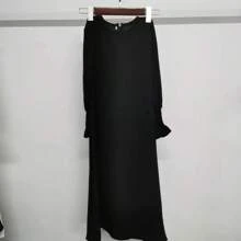 1pc Girls Casual Dress, Pink Round Neck Ruffled Hem Solid Color, Elastic & Comfortable, Daily Wear, Long Arabian Style Abaya