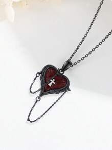 Gotischer dunkel schwarzer Halskette, dreidimensionaler roter Kristall Blut Fledermaus, retro Punk Kreuz herzförmige Paar Halskette, Halloween Accessoires (Unisex)