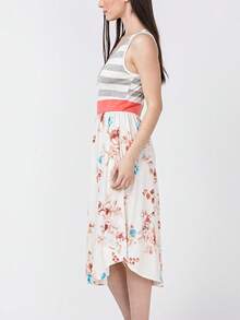 Boho Vintage Magenta Ivory Coral Pink Yellow Stripe  Band Trim Midi  Swing Southern Dress | Small-3 XL Plus - Hồng nhạt - Xem 1