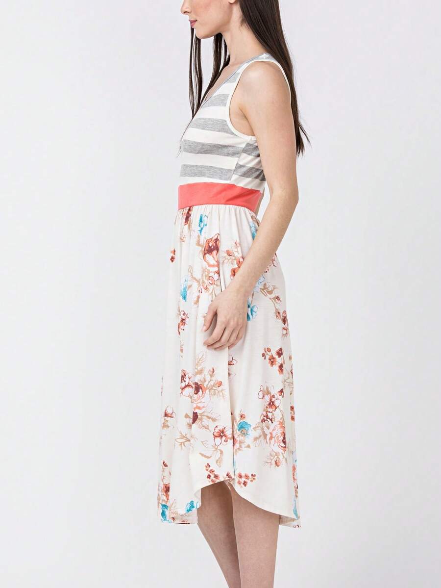 Boho Vintage Magenta Ivory Coral Pink Yellow Stripe  Band Trim Midi  Swing Southern Dress | Small-3 XL Plus - Hồng nhạt - Xem 1