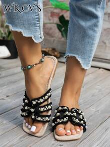 WRCVS Damen Flache Sandalen mit bestickten, Cut Out Kunstperlen, zufälliges florales Boho Beach Resort Outdoor Schuhe