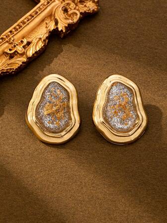 1 pereche de cercei asimetrici minimalisti, retro, eleganti, gri și auriu, cu folie topită, versatili pentru naveta