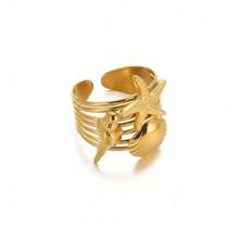 1pc Stainless Steel Beach Themed Ring With Starfish, Shell & Conch, Suitable For Women's Everyday, Vacation, Date, Gift