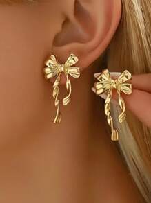 1 Paar zarte, petite, luxuriöse Schleifendesign Ohrringe, Damen Ohrclips Accessoires