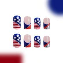 24Pcs 1-Box Short Glossy Red & Blue Glitter Stripes American Flag Nail Art, Patriotic 4th Of July Wearable, Perfect For Independence Day Parties, Essential For American Beauty Enthusiasts (2025 New Arrival)!