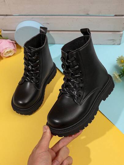 1 Pair Black Leather Toddler Boots, Front Lace-Up, Side Zipper, Metal Buckle, Round Toe, Soft Flat Anti-Slip Comfortable Cute Mid-Calf Boots, Suitable For 3-12 Years Old Boys And Girls, Autumn/Winter New
