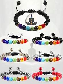 Choose 12 Natural Stones Handmade Adjustable 7 Chakra Beaded Bracelet, 8mm Natural Volcanic Lava, Tiger Eye, Turquoise Stones, Fashionable Meditation Healing Jewelry For Men And Women, Durable Rope Bracelet For Daily Wear, Perfect Spiritual Gift Or Lucky Charm - Multicolor - View 5
